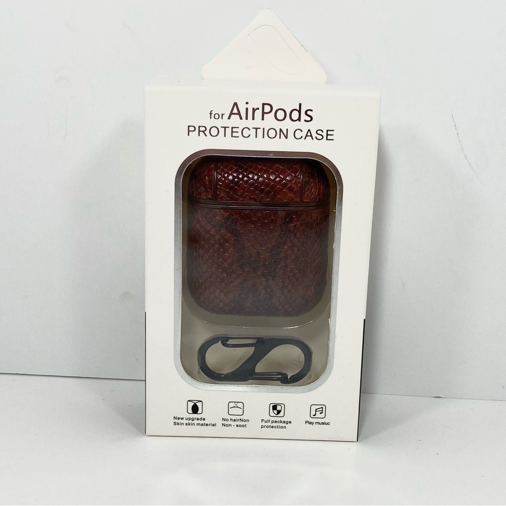 Designer Airpods Protection Case Brown Red Coffee Snakeskin w Keychain Clip New